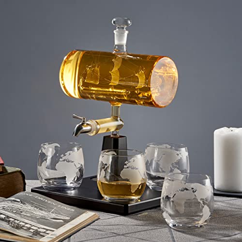 Oak & Steel - Whiskey Decanter Glass Spirit Dispenser, Rum, Scotch, Bourbon, Wine Carafe, Gifts for Men Sailing Ship Design Glasses Fathers Day Gift Set - 1000ml - Craft & Spiced Rum Box
