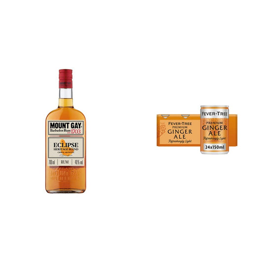 Mount Gay "Rum & Ginger" Cocktail Bundle 24 serves - Mount Gay Eclipse Barbados Golden Rum 70cl & Fever - Tree Refreshingly Light Ginger Ale 8 x 150ml (Pack of 3, Total 24 cans) - Craft & Spiced Rum Box