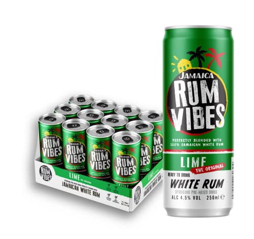 Jamaica Rum Vibes Rum & Lime | Pre Mixed Cocktail Cans | 12 pack (250ml cans) | 4.5% ABV Ready To Drink Cocktails | Made from unique Jamaican Rum | Pre mixed Rum With No added Preservatives - Craft & Spiced Rum Box