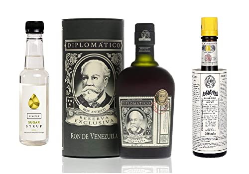 Perfect Serve Rum Old Fashioned Bundle with Diplomático Reserva Exclusiva, Angostura Bitters & Simply Sugar Syrup - Craft & Spiced Rum Box