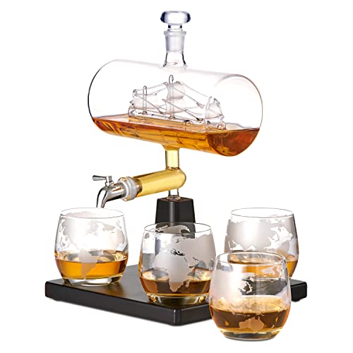 Oak & Steel - Whiskey Decanter Glass Spirit Dispenser, Rum, Scotch, Bourbon, Wine Carafe, Gifts for Men Sailing Ship Design Glasses Fathers Day Gift Set - 1000ml - Craft & Spiced Rum Box