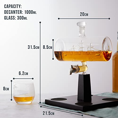 Oak & Steel - Whiskey Decanter Glass Spirit Dispenser, Rum, Scotch, Bourbon, Wine Carafe, Gifts for Men Sailing Ship Design Glasses Fathers Day Gift Set - 1000ml - Craft & Spiced Rum Box
