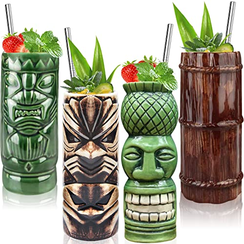 Tiki Glasses Tiki bar Accessories Set of 4 - Tiki Mugs Large Tumblers Ceramic Cocktail Glass Hawaiian Luau Party Mugs Drinkware, Cute Exotic for Tiki bar - Craft & Spiced Rum Box
