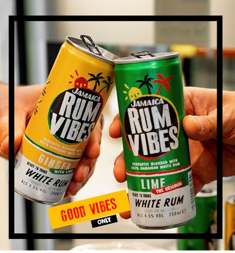 Jamaica Rum Vibes Rum & Lime | Pre Mixed Cocktail Cans | 12 pack (250ml cans) | 4.5% ABV Ready To Drink Cocktails | Made from unique Jamaican Rum | Pre mixed Rum With No added Preservatives - Craft & Spiced Rum Box
