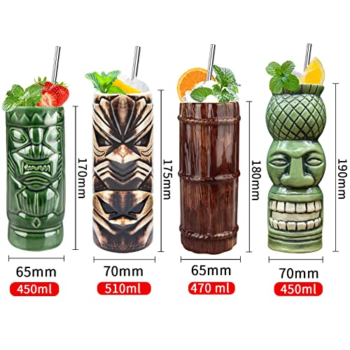 Tiki Glasses Tiki bar Accessories Set of 4 - Tiki Mugs Large Tumblers Ceramic Cocktail Glass Hawaiian Luau Party Mugs Drinkware, Cute Exotic for Tiki bar - Craft & Spiced Rum Box