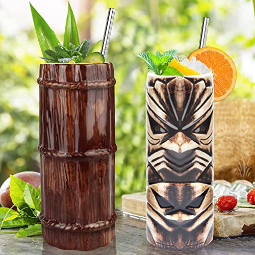 Tiki Glasses Tiki bar Accessories Set of 4 - Tiki Mugs Large Tumblers Ceramic Cocktail Glass Hawaiian Luau Party Mugs Drinkware, Cute Exotic for Tiki bar - Craft & Spiced Rum Box