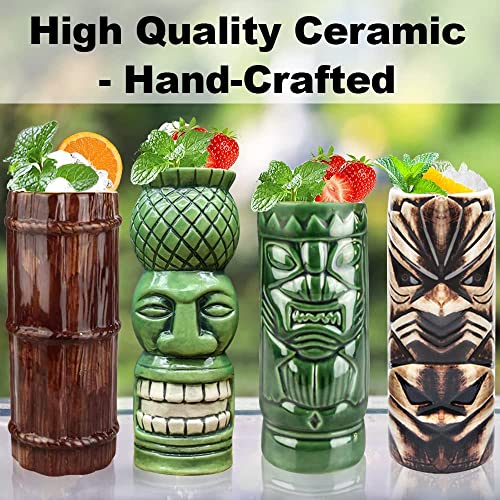Tiki Glasses Tiki bar Accessories Set of 4 - Tiki Mugs Large Tumblers Ceramic Cocktail Glass Hawaiian Luau Party Mugs Drinkware, Cute Exotic for Tiki bar - Craft & Spiced Rum Box