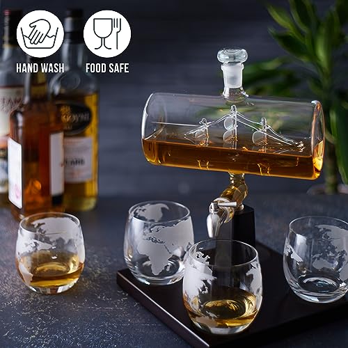 Oak & Steel - Whiskey Decanter Glass Spirit Dispenser, Rum, Scotch, Bourbon, Wine Carafe, Gifts for Men Sailing Ship Design Glasses Fathers Day Gift Set - 1000ml - Craft & Spiced Rum Box