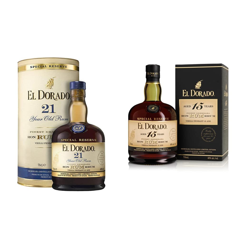 El Dorado Special Reserve 21 year Old Rum, 70 cl - Aged for 2 Years - Flavours of Tropical Fruit and Coffee - Perfect for Sipping & 15 Year Old Special Reserve Rum - Craft & Spiced Rum Box