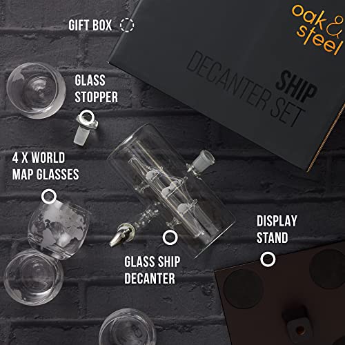 Oak & Steel - Whiskey Decanter Glass Spirit Dispenser, Rum, Scotch, Bourbon, Wine Carafe, Gifts for Men Sailing Ship Design Glasses Fathers Day Gift Set - 1000ml - Craft & Spiced Rum Box