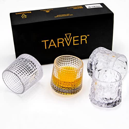 TARVER - Spinning Whiskey Glass (Set of 4), 5.4 fl oz, Clear Thick Premium Quality Glass for Bourbon, Scotch, Cocktails, Cognac, Rum