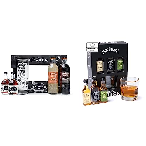The Kraken Experience, Spiced Rum Gift Set - 2x 5cl Kraken Black Spiced Dark Rum Alcohol Miniatures & Jack Daniels Gift Set - Jack Daniels Whiskey 3x 5cl Honey, Apple, JD Whiskey Old No7