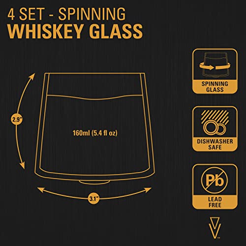 TARVER - Spinning Whiskey Glass (Set of 4), 5.4 fl oz, Clear Thick Premium Quality Glass for Bourbon, Scotch, Cocktails, Cognac, Rum