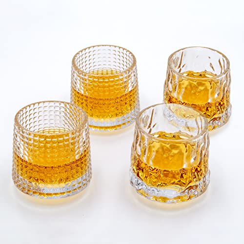 TARVER - Spinning Whiskey Glass (Set of 4), 5.4 fl oz, Clear Thick Premium Quality Glass for Bourbon, Scotch, Cocktails, Cognac, Rum