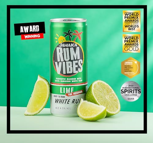 Jamaica Rum Vibes Rum & Lime | Pre Mixed Cocktail Cans | 12 pack (250ml cans) | 4.5% ABV Ready To Drink Cocktails | Made from unique Jamaican Rum | Pre mixed Rum With No added Preservatives