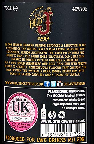 Admiral’s Old J Dark Spiced Rum - 40 Percent ABV - 70cl Bottle & Old J Cherry Spiced Rum 70cl